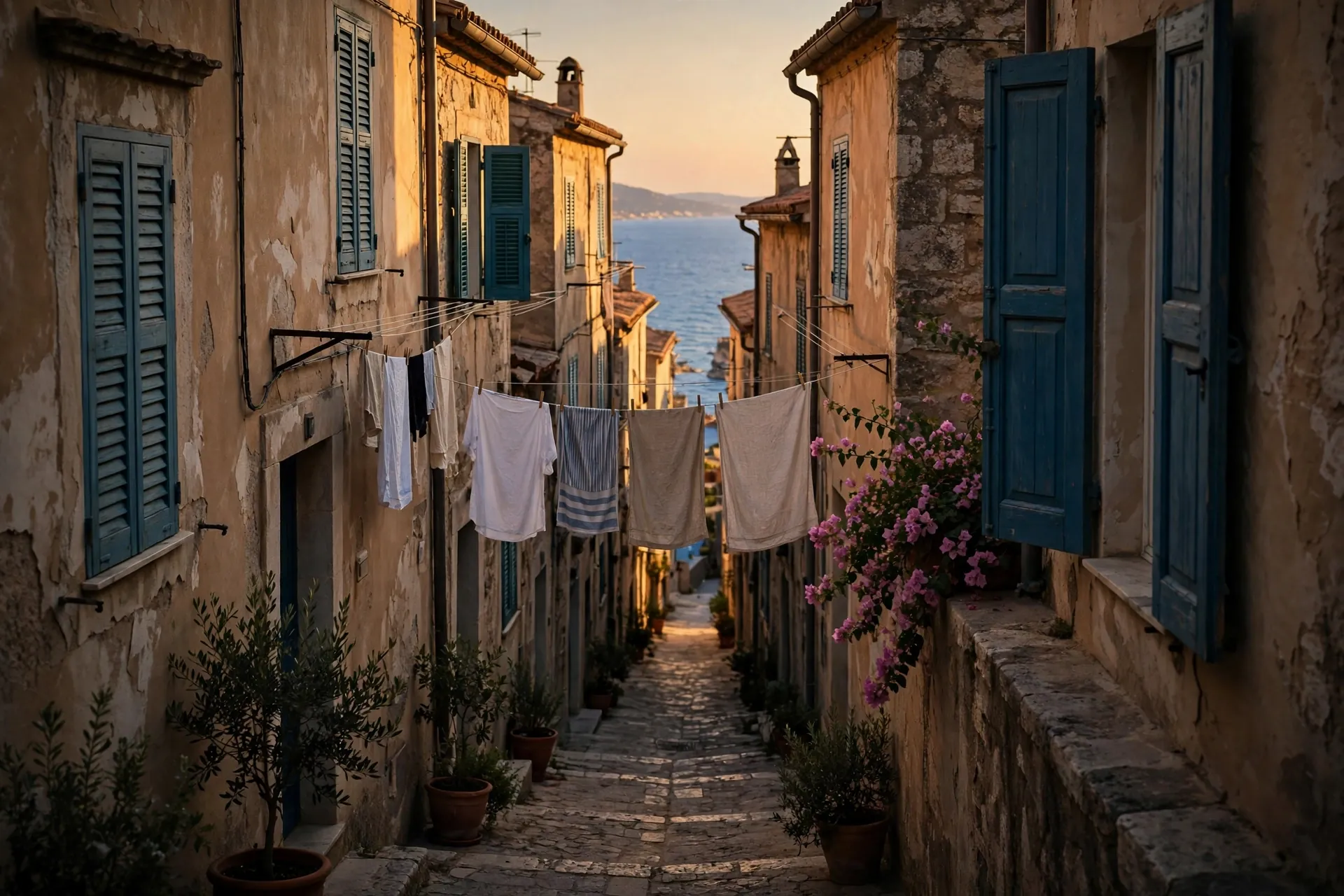 A narrow Mediterranean old-town lane with stone houses and laundry lines leading down to the sea at golden hour